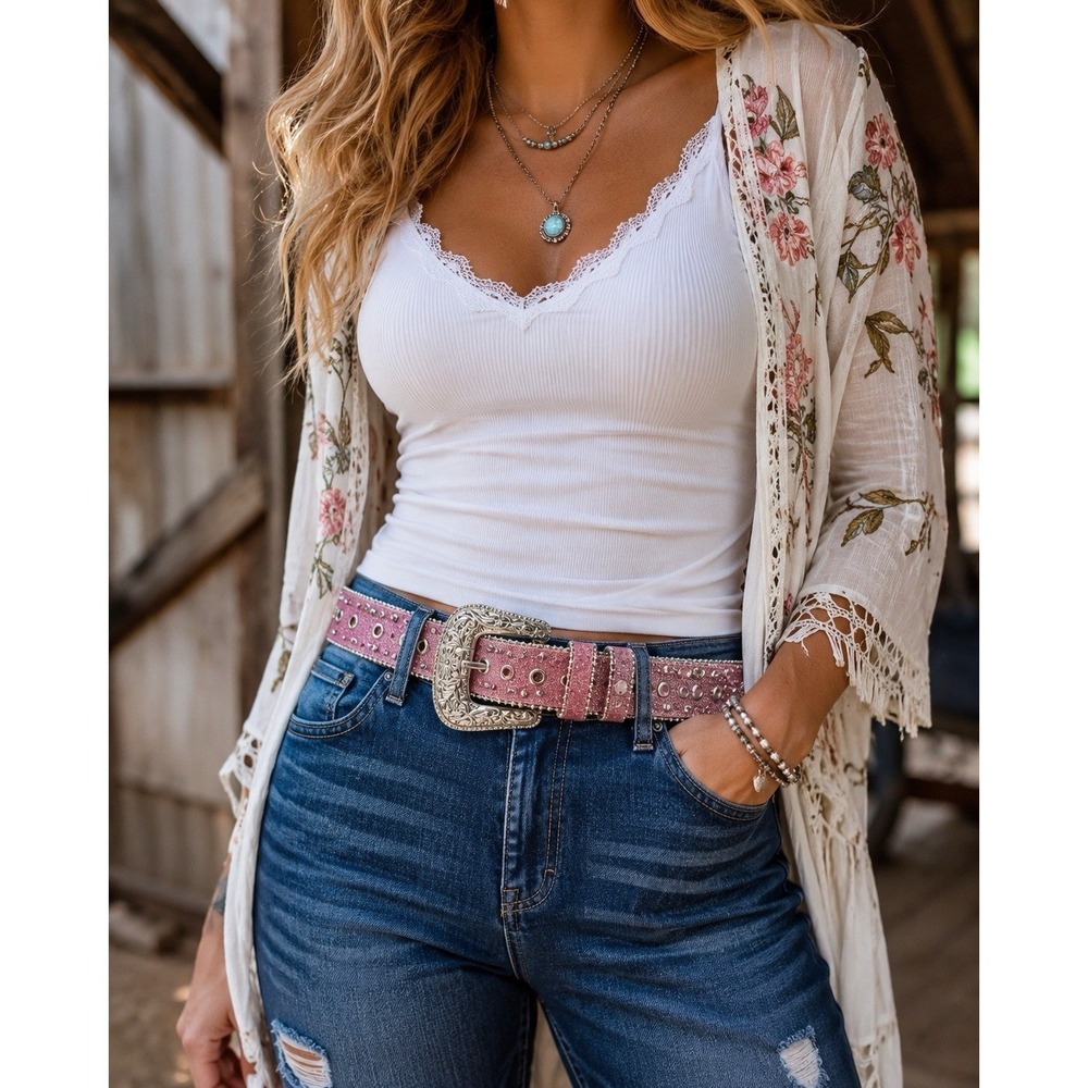 Women's Pink Glitter Western Belt Silver Engraved Buckle Rhinestone Studded 41"